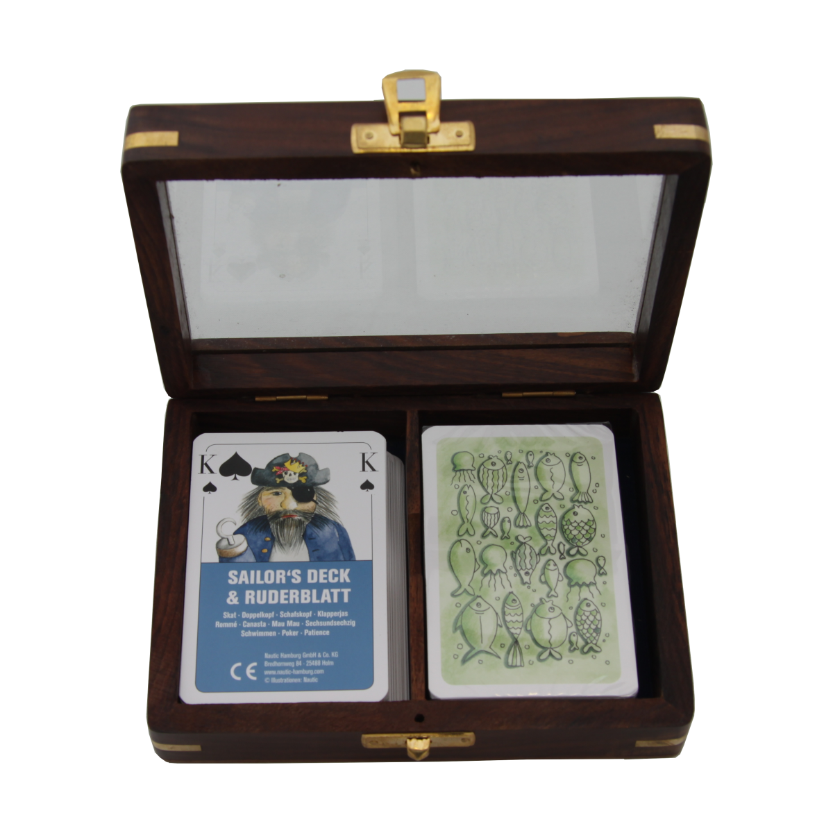 Kartenbox Spielkarten 2x52 Blatt Holzbox Maritim Messing Kartenspiel Glasdeckel 